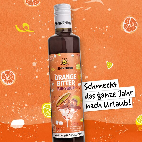 An illustration of a SONNENTOR orange bitter syrup bottle with the text: ‘Tastes like a holiday all year round’ on an orange background.