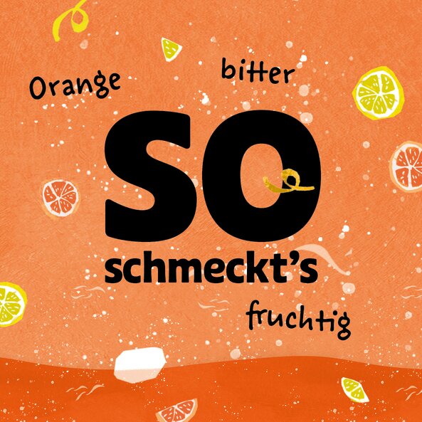 Illustration with text: ‘This is what it tastes like: orange, bitter, fruity’ on an orange background.